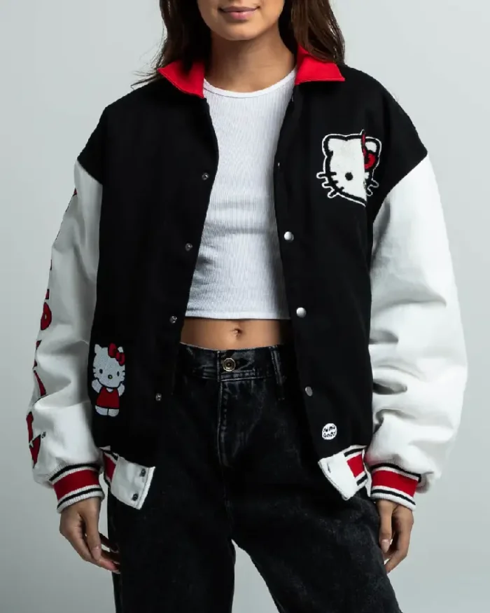 Sanrio Hello Kitty Varsity Jacket front view - Trendy Leather Jackets