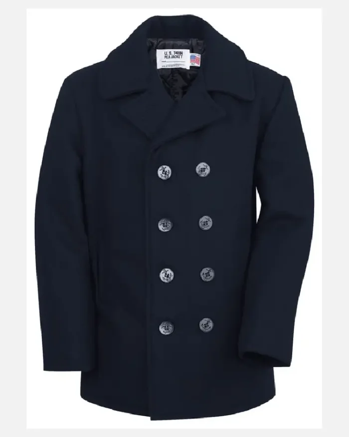 Schott Nyc Classic Melton Wool Us Navy Pea Coat Reefer Jacket Dark Blue Front