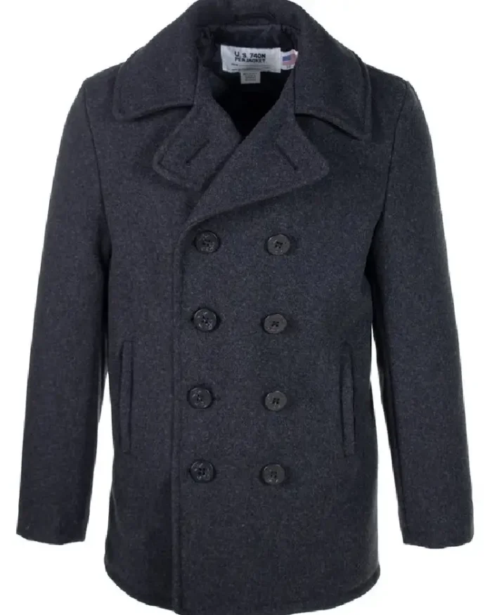 Schott Nyc Classic Melton Wool Us Navy Pea Coat Reefer Jacket Drak Grey Front