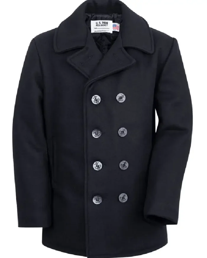 Schott Nyc Classic Melton Wool Us Navy Pea Coat Reefer Jacket Front