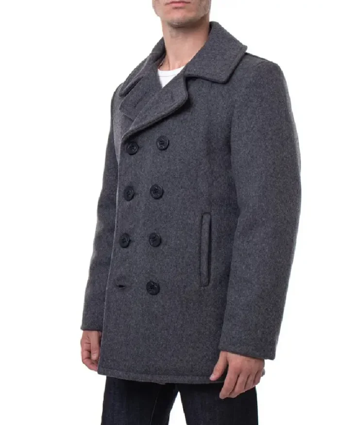 Schott Nyc Classic Melton Wool Us Navy Pea Coat Reefer Jacket Gry Side View