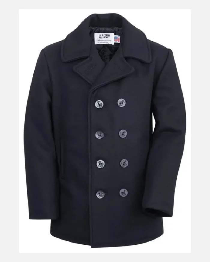 Schott Nyc Classic Melton Wool Us Navy Pea Coat Reefer Jacket Navy Front View