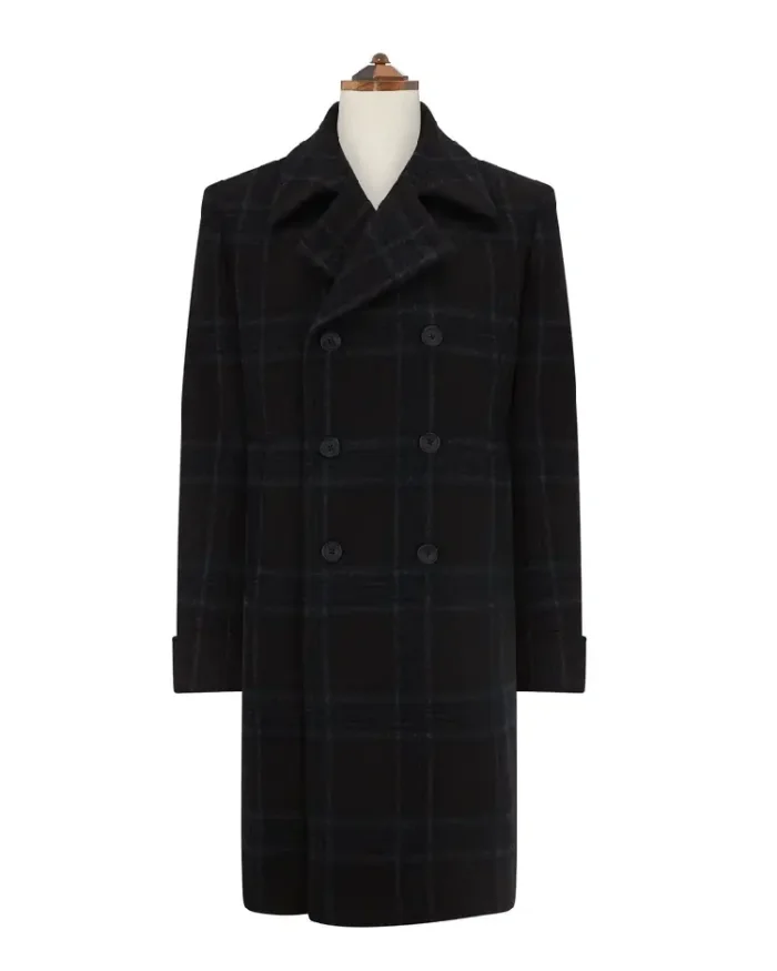 Shop Boswell Charcoal Check Wool Reefer Coat For Men And Women On Sale back