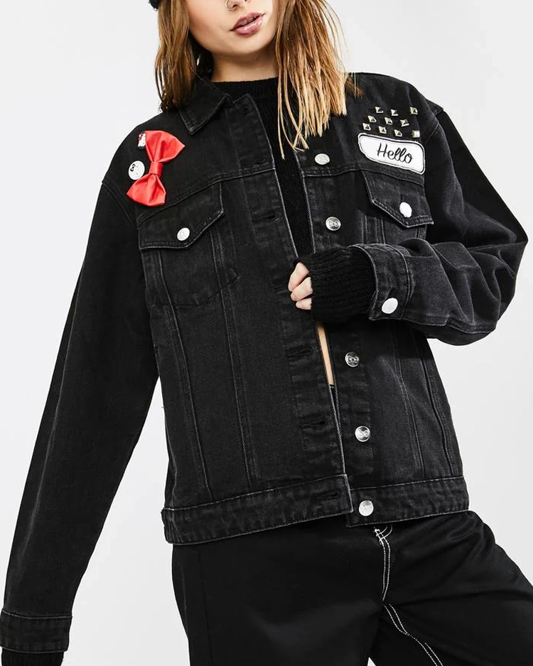 Shop Dolls Kill Hello Kitty Denim Trucker Jacket For Unisex On Sale