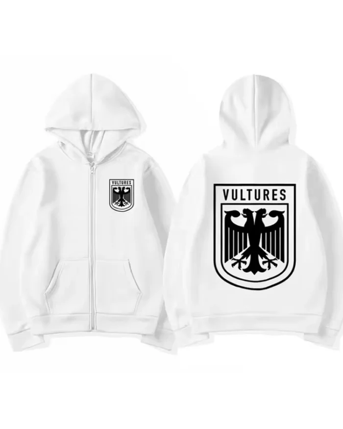 Shop Kanye West Vultures Logo Zipper White Hoodie For Men And Women On Sale