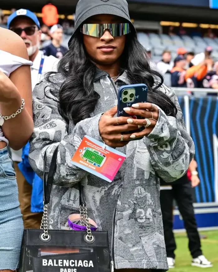 Simone Biles Bears Game Packers Jacket closeup view