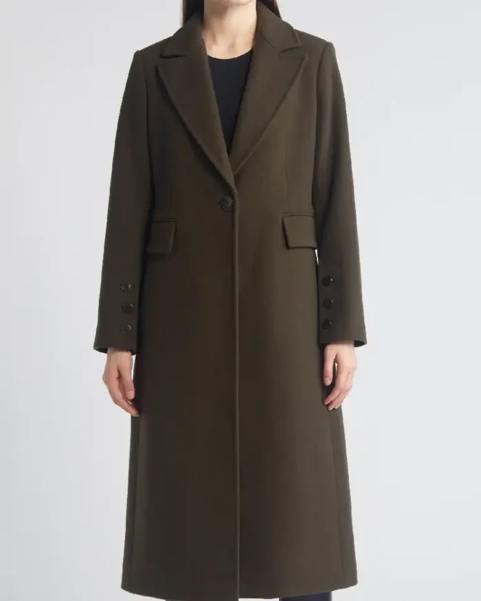 Single Breasted Wool Blend Reefer Coat Dark Green