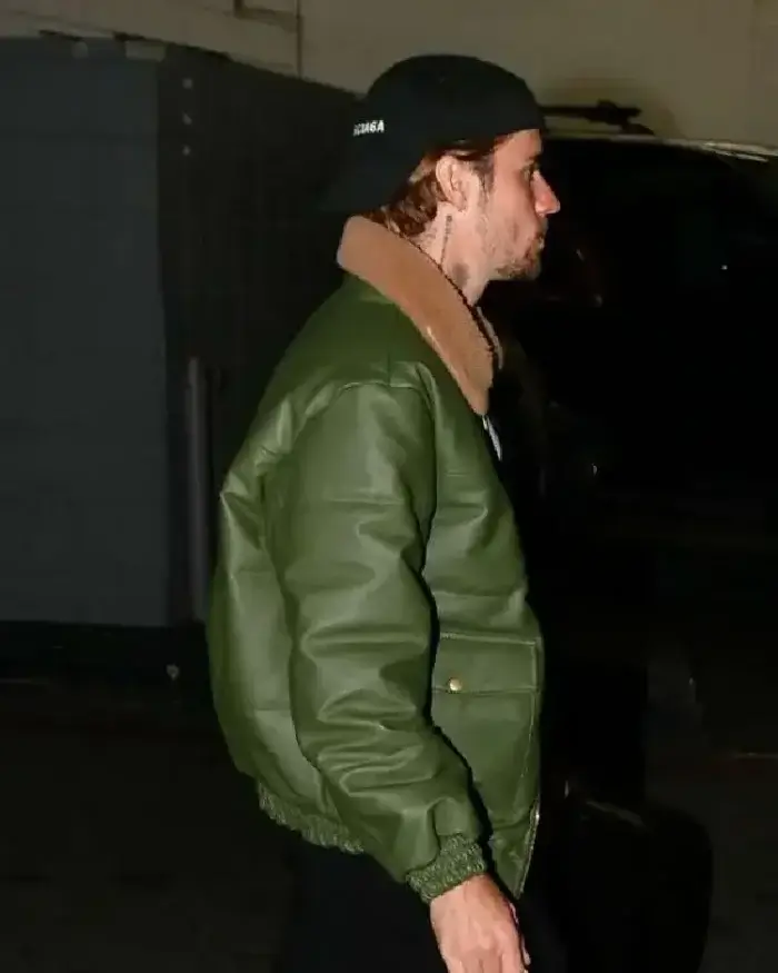 justin bieber 2024 green leather jacket side view