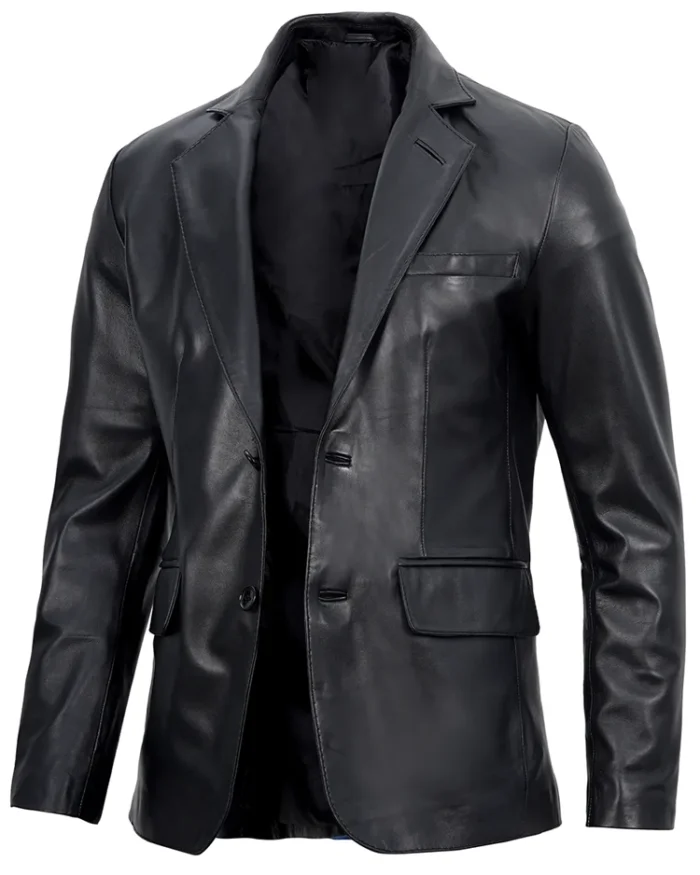 Men'S Real Lambskin Black Leather Blazer Jacket Side View