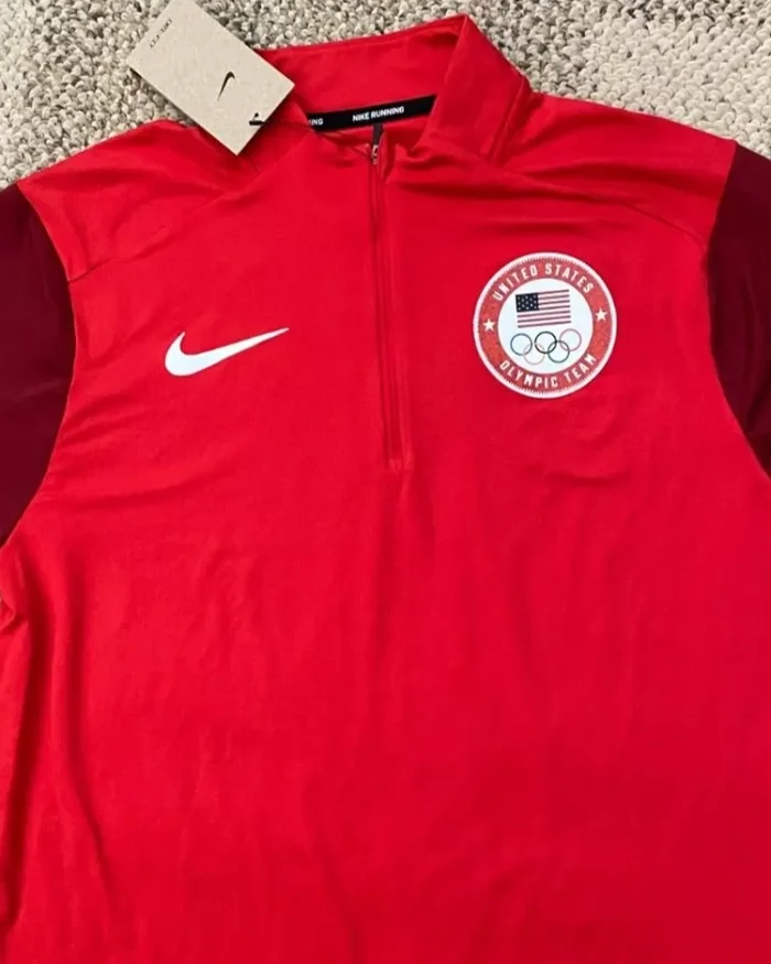 team olympics nike running red top shirt front closure