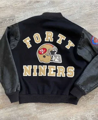 80’s San Francisco 49ers Letterman Jacket Black Back - Trendy Leather Jackets