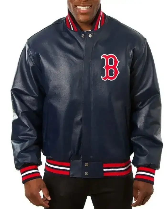 Boston Red Sox Bomber Navy Blue Leather Jacket