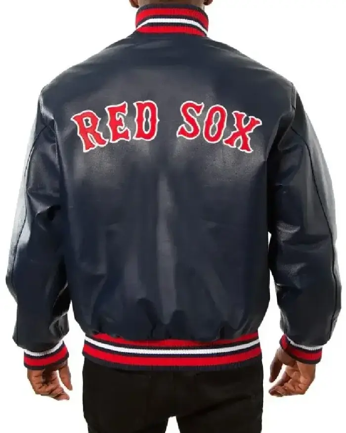 Boston Red Sox Bomber Navy Blue Leather Jacket Back