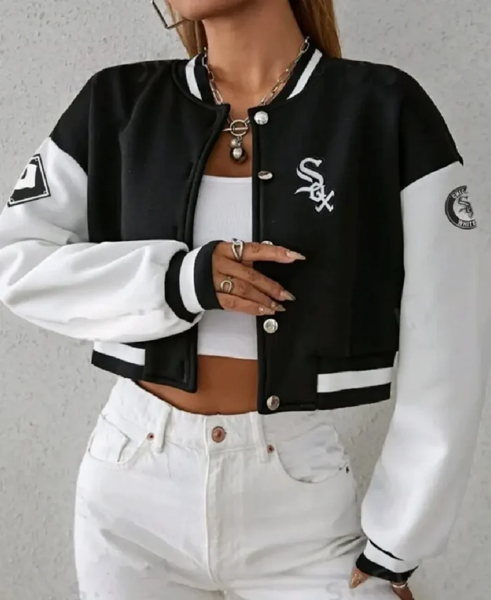 Chicago White Sox Custom Cropped Bomber Jacket front- Trendy Leather Jackets