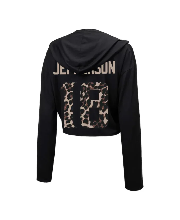 Justin Jefferson Majestic Threads Black Minnesota Vikings Leopard Cropped Hoodie Back - Tlj