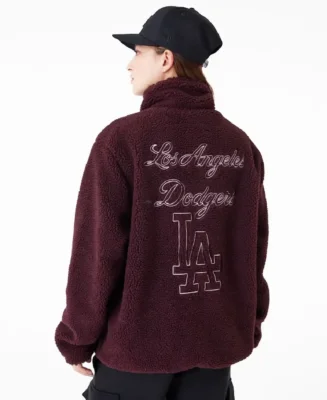 LA Dodgers MLB Dark Purple Sherpa Jacket for female back - Trendy Leather Jacket