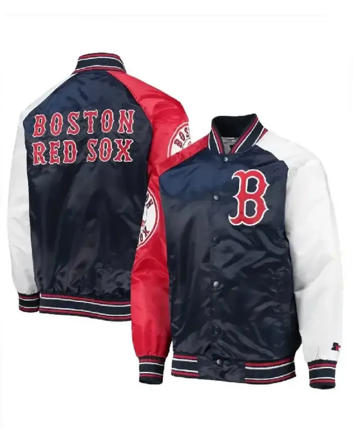 MLB BostoMLB Boston Red Sox Reliever Raglan Satin Jacket front and backn Red Sox Reliever Raglan Satin Jacket front and back