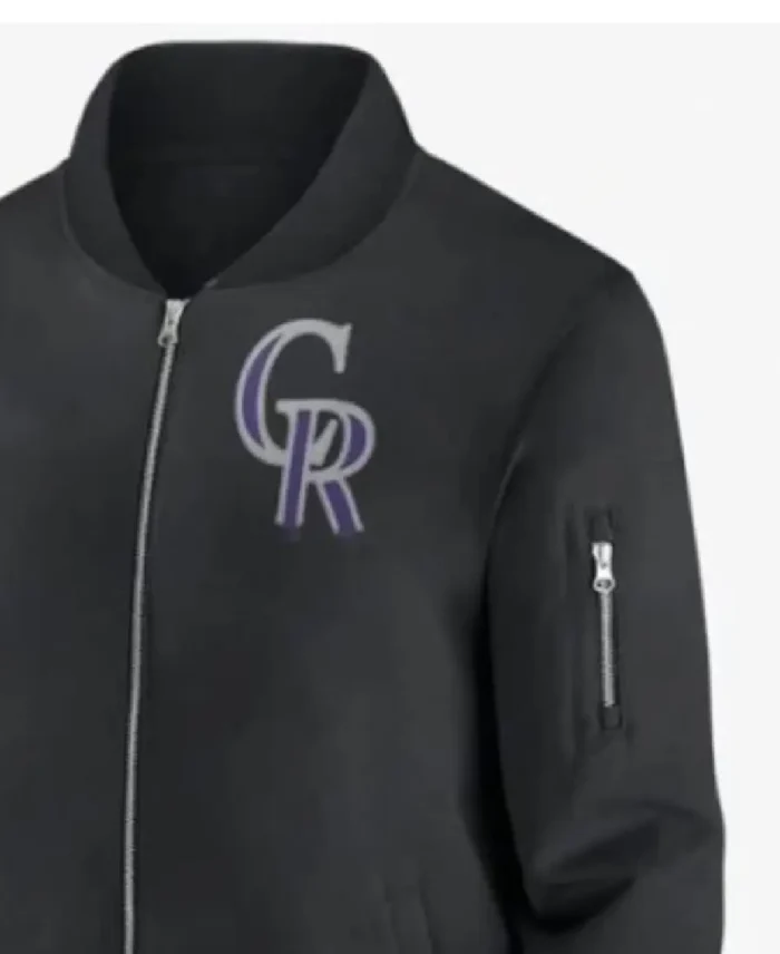 Mlb Colorado Rockies Bomber Jacket Black Closeup - Trendy Leather Jacket