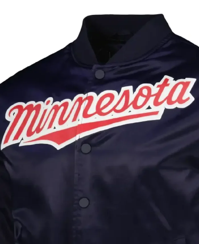 Mlb Minnesota Twins Pro Standard Wordmark Satin Varsity Jacket Clsoeup