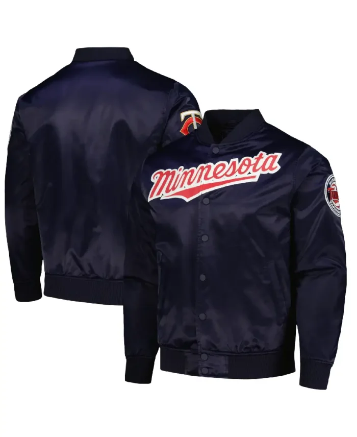 Mlb Minnesota Twins Pro Standard Wordmark Satin Varsity Jacket Front And Back