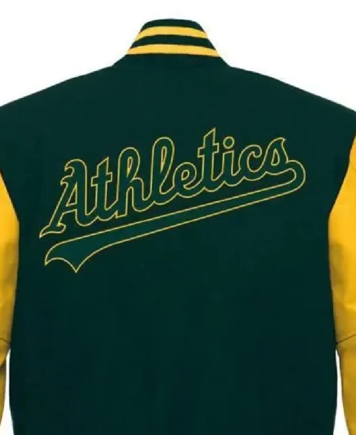 Mlb Oakland Athletics Letterman Jacket Clsoeup - Trendy Leather Jacket