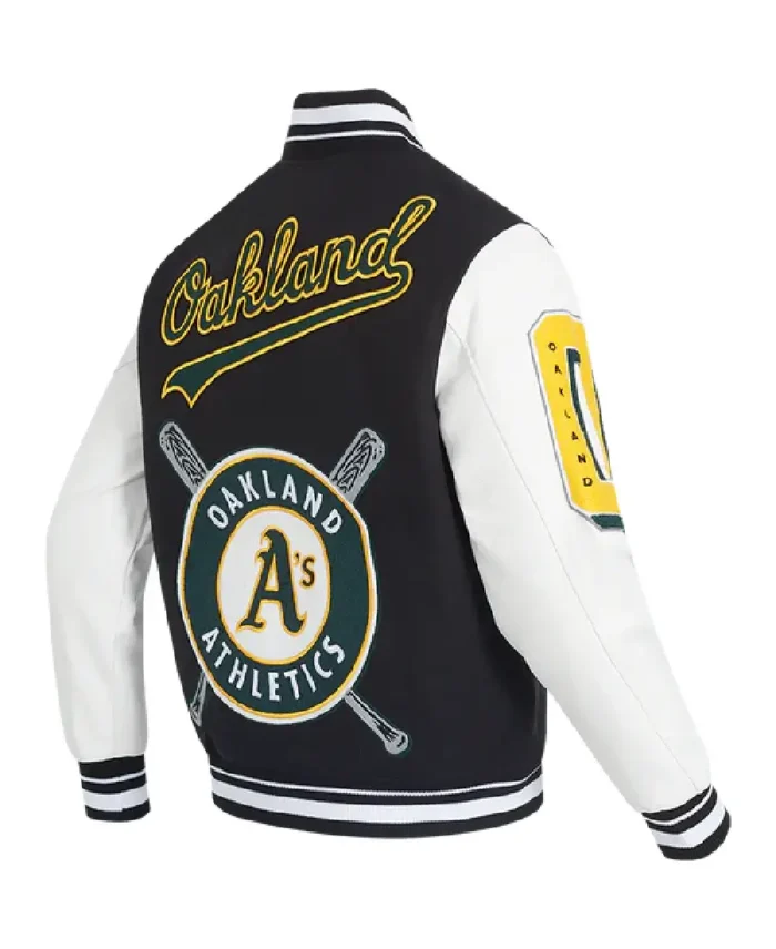 Mlb Oakland Athletics Mashup Varsity Jacket White Back View - Trendy Leather Jacket