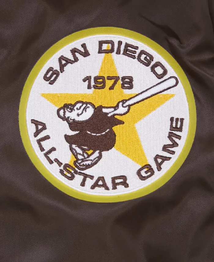 Mlb San Diego Padres Classic Satin Brown Jacket Closeup View - Trendy Leather Jacket