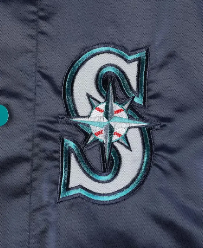 Mlb Seattle Mariners Midfield Satin Varsity Jacket Closeup - Trendy Leather Jackets