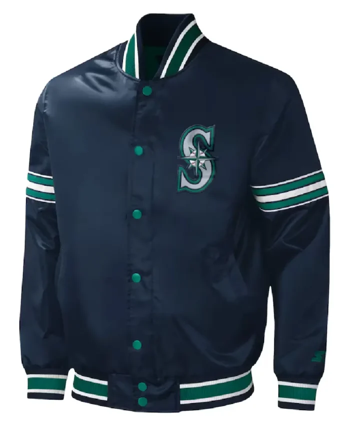 Mlb Seattle Mariners Midfield Satin Varsity Jacket Front - Trendy Leather Jackets