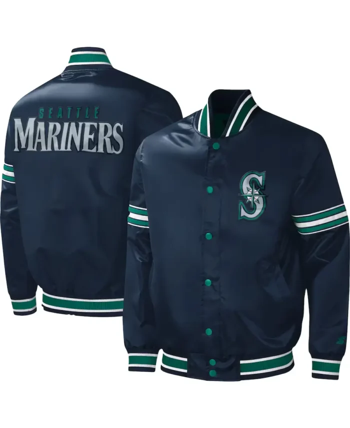 Mlb Seattle Mariners Midfield Satin Varsity Jacket Front And Back - Trendy Leather Jackets