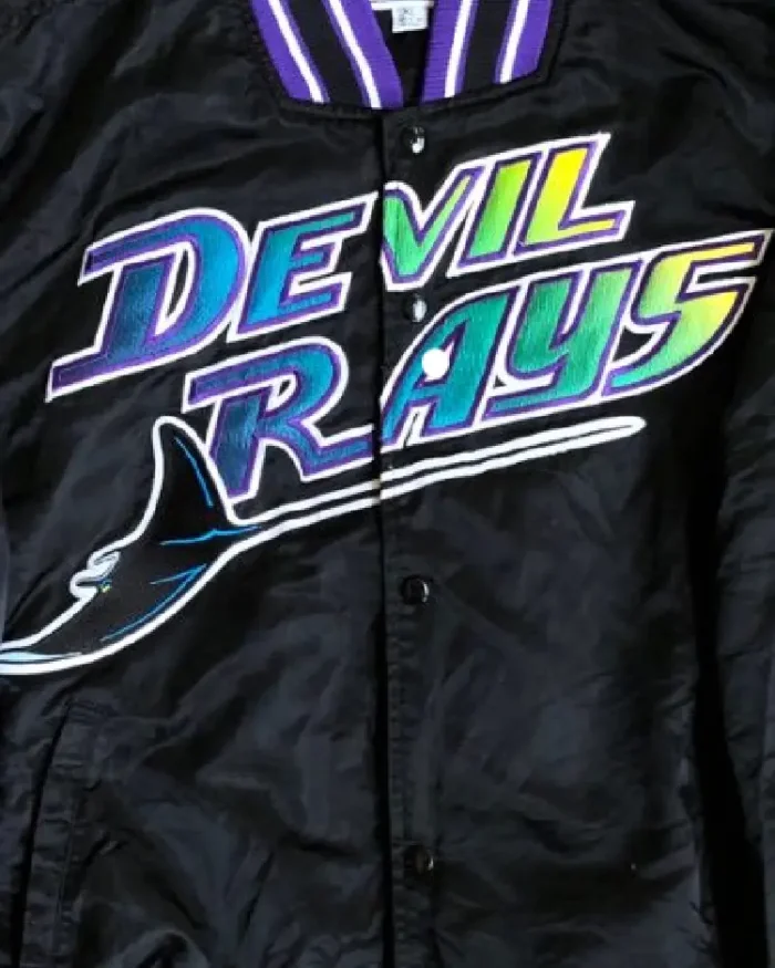 Mlb Tampa Bay Devil Rays Satin Vintage Bomber Jacket Closeup