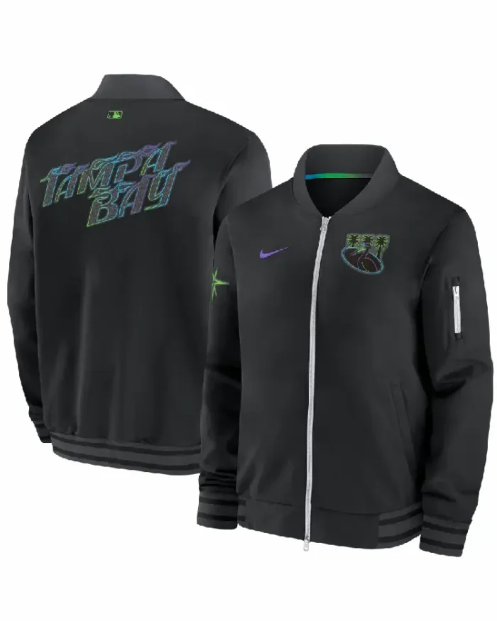 Mlb Tampa Bay Rays Nike Black City Connect Pelican Bomber Jacket Front And Back