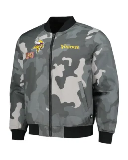 Minnesota Vikings Camo Bomber Jacket Front - Trendy Leather Jackets