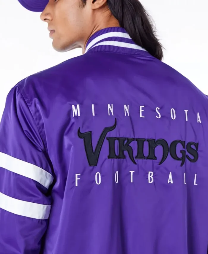 Minnesota Vikings Nfl Satin Purple Bomber Jacket Back Closeup - Tlj