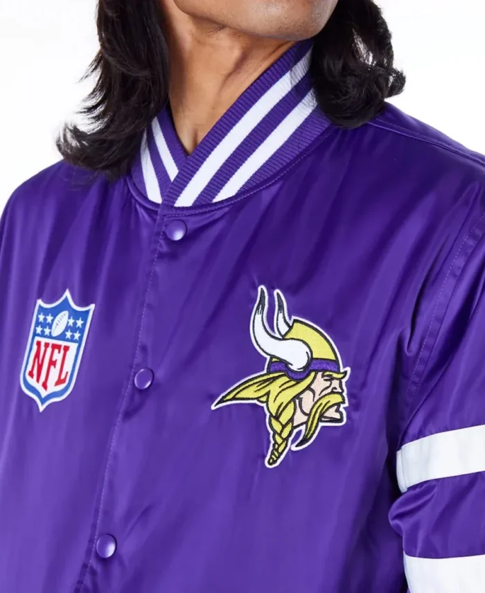 Minnesota Vikings Nfl Satin Purple Bomber Jacket Front Closeup - Tlj