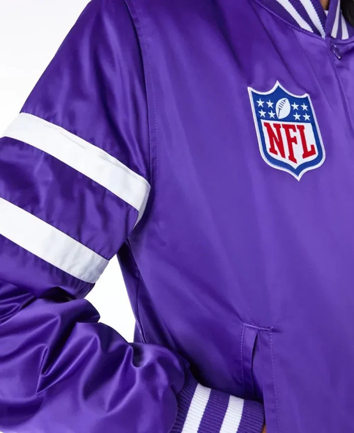 Minnesota Vikings Nfl Satin Purple Bomber Jacket Front Right Side Closeup - Tlj