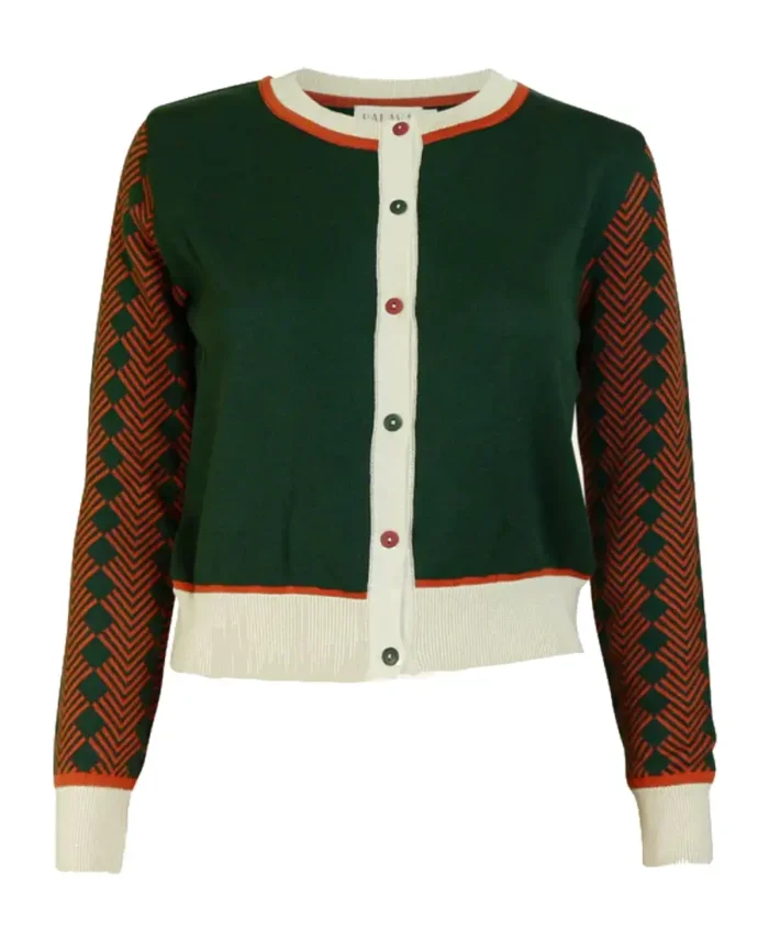 The Talk Farewell Season 15 Natalie Morales Green And Red Printed Cardigan Front Side - Trendy Leather Jacket