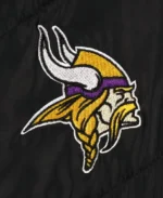 The Wild Collective Minnesota Vikings Black Puffer Hoodie Jacket Chest Logo Closeup - Trendy Leather Jackets