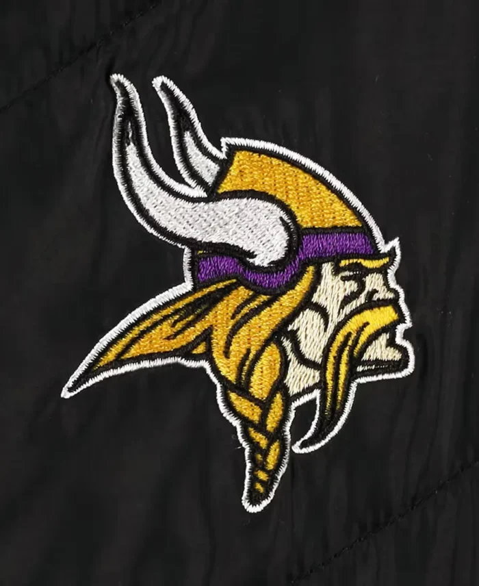 The Wild Collective Minnesota Vikings Black Puffer Hoodie Jacket Chest Logo Closeup - Trendy Leather Jackets