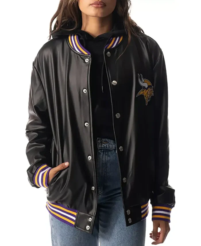 The Wild Collective Minnesota Vikings Black Snap Bomber Jacket