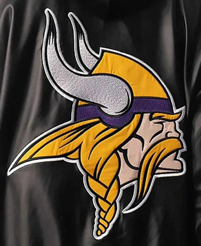 The Wild Collective Minnesota Vikings Black Snap Bomber Jacket Back Logo Closeup - Trendy Leather Jackets