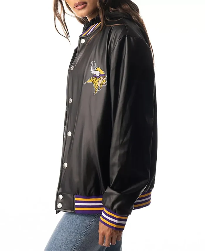 The Wild Collective Minnesota Vikings Black Snap Bomber Jacket Side - Trendy Leather Jackets