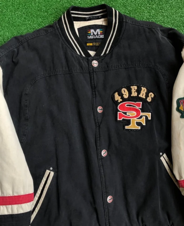 90’S San Francisco 49Ers Mirage Nfl Bomber Jacket Front - Trendy Leather Jackets