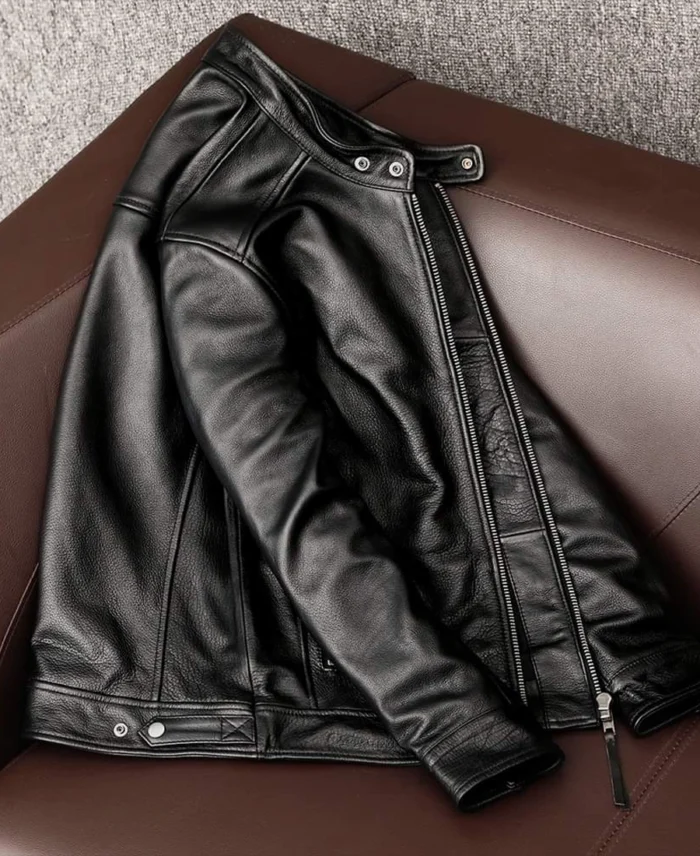 Biker Black Leather Jacket Side View - Trendy Leather Jackets