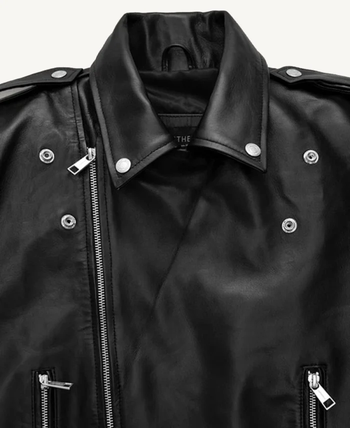 Black Biker Notch Collar Leather Jacket Close Up - Trendy Leather Jackets