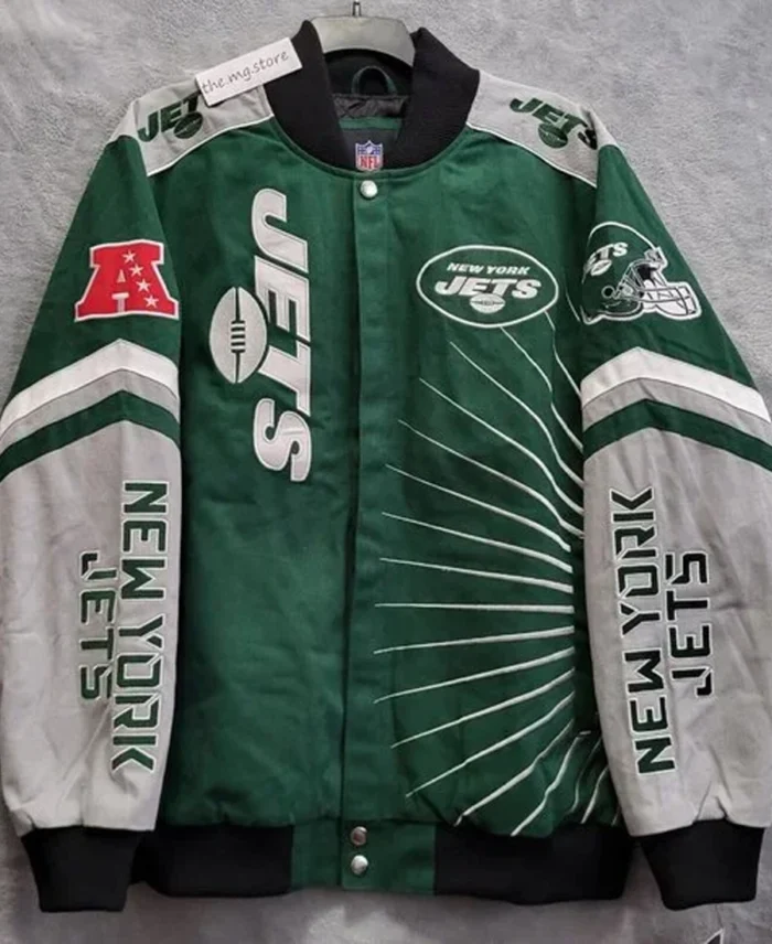 Carl Banks G-Iii Extreme Red Zone Ny Jets Varsity Jacket Front - Trendy Leather Jackets