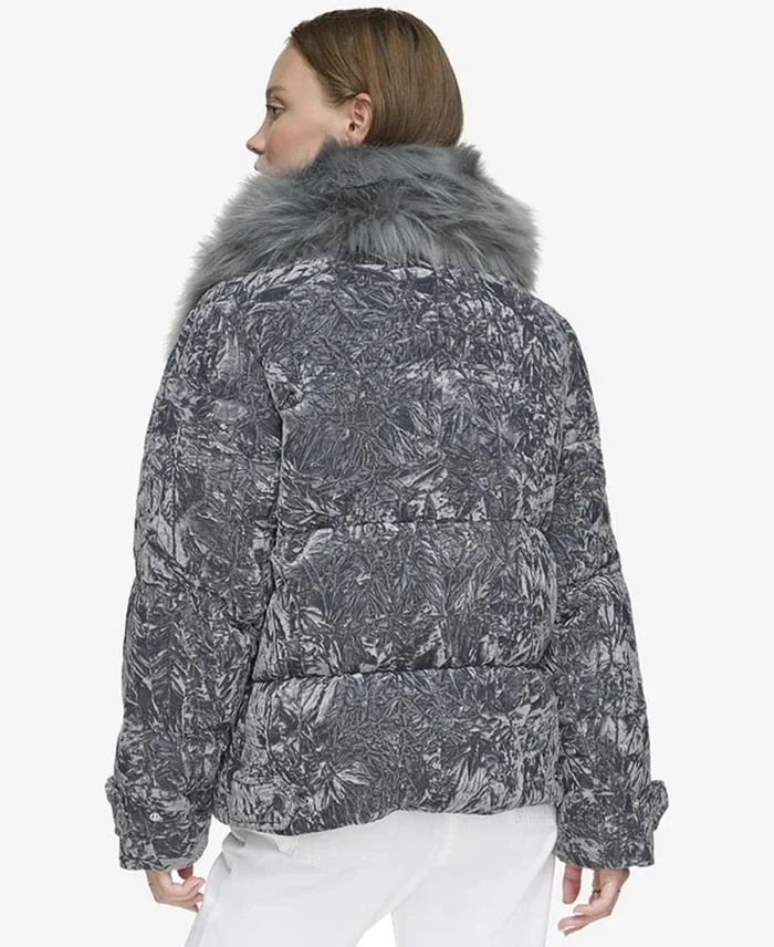 Charleroi Crushed Velvet Down Puffer Jacket Grey Back - Trendy Leather Jackets