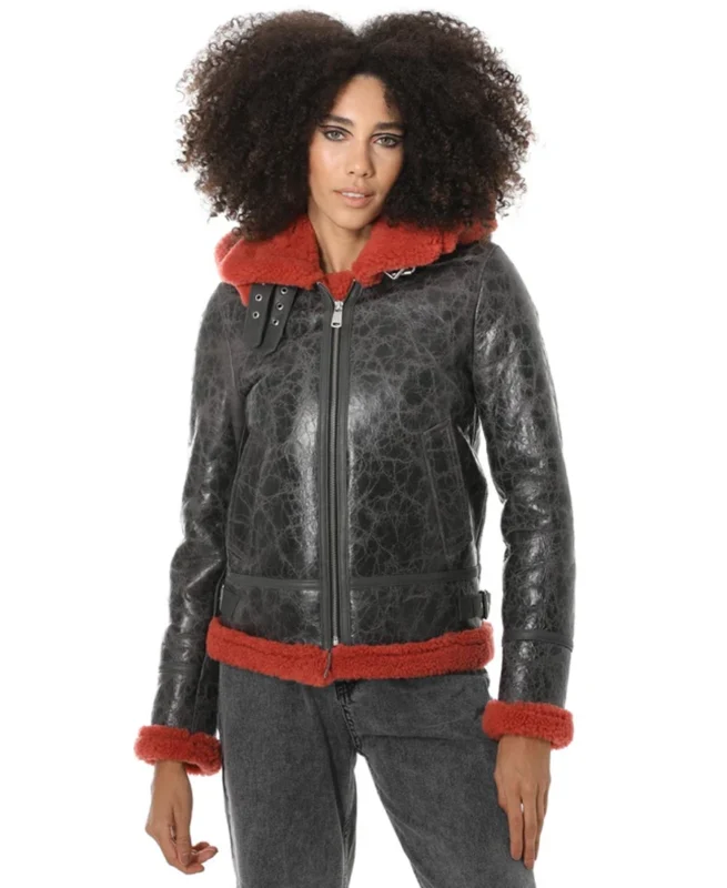 Furniq Uk Cracked Anthracite Hooded Shearling Jacket - Trendy Leather Jackets