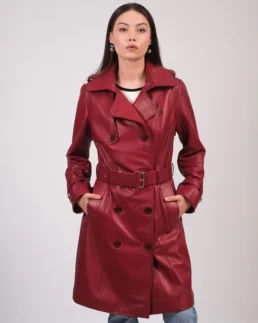 Furniq UK Leather Burgundy Trench Coat - Trendy Leather Jackets