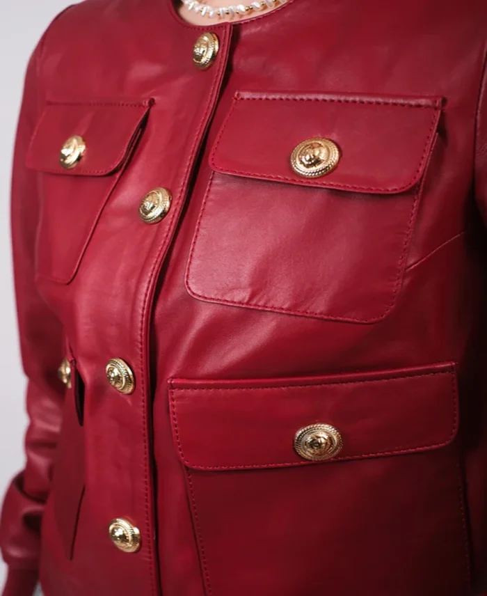 Furniq Uk Red Leather Jacket Front Close Up - Trendy Leather Jackets